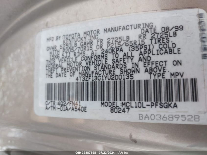 2000 Toyota Sienna Le VIN: 4T3ZF13C1YU200135 Lot: 39887598