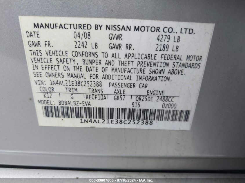 2008 Nissan Altima 2.5 S VIN: 1N4AL21E38C252388 Lot: 39887606