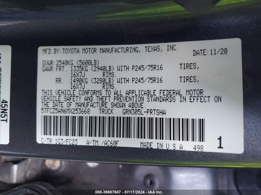 2021 Toyota Tacoma Sr5 V6 VIN: 5TFCZ5AN6MX253668 Lot: 39887607