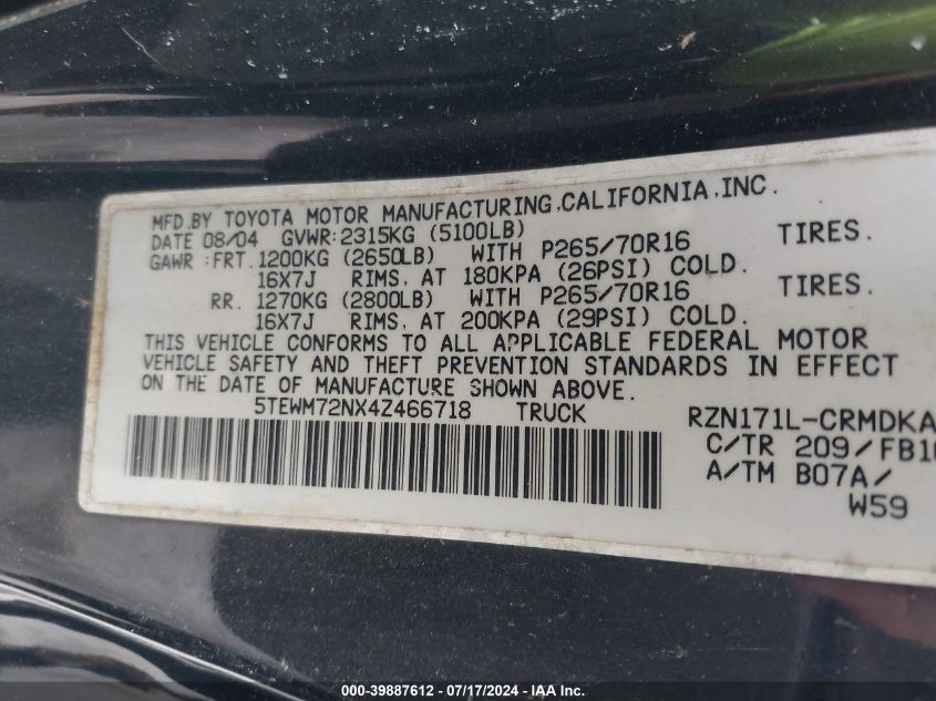2004 Toyota Tacoma Xtracab VIN: 5TEWM72NX4Z466718 Lot: 39887612