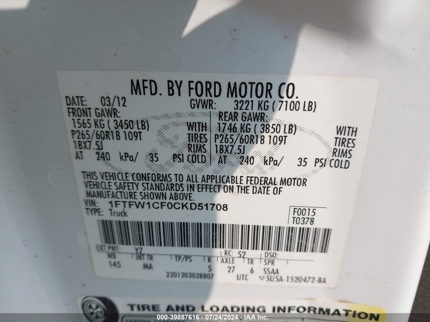 2012 Ford F-150 Xlt VIN: 1FTFW1CF0CKD51708 Lot: 39887616