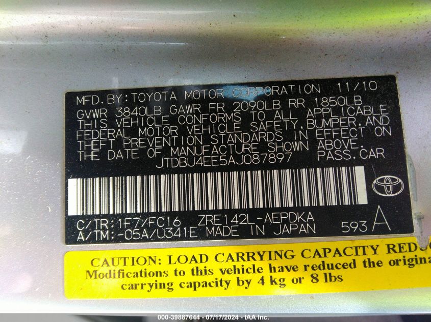 2010 Toyota Corolla Le VIN: JTDBU4EE5AJ087897 Lot: 39887644