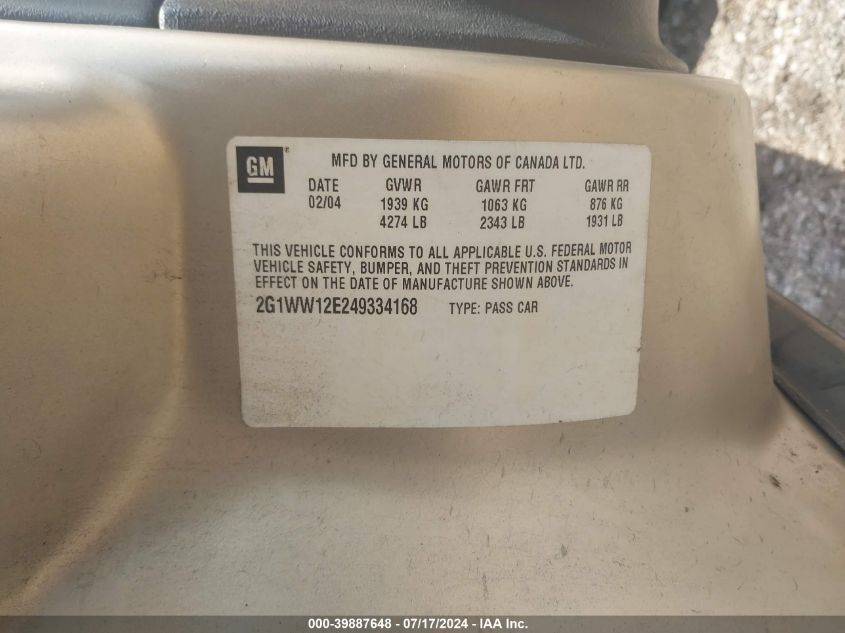 2004 Chevrolet Monte Carlo Ls VIN: 2G1WW12E249334168 Lot: 39887648