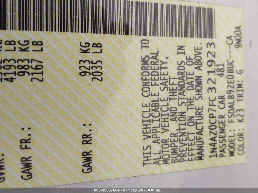 2015 Nissan Leaf S/Sv/Sl VIN: 1N4AZ0CP7FC321923 Lot: 39887664