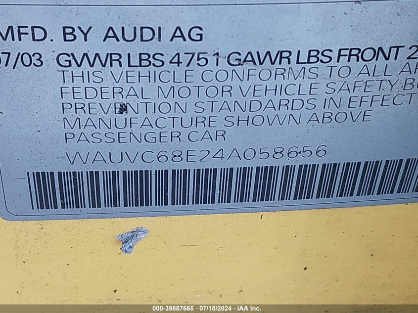 2004 Audi A4 1.8T Avant VIN: WAUVC68E24A058656 Lot: 39887665