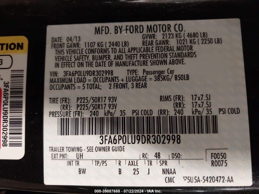 2013 Ford Fusion Hybrid Se VIN: 3FA6P0LU9DR302998 Lot: 39887688