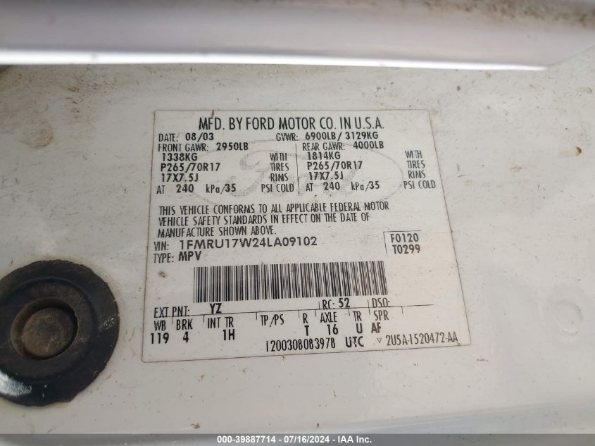 2004 Ford Expedition Eddie Bauer VIN: 1FMRU17W24LA09102 Lot: 39887714