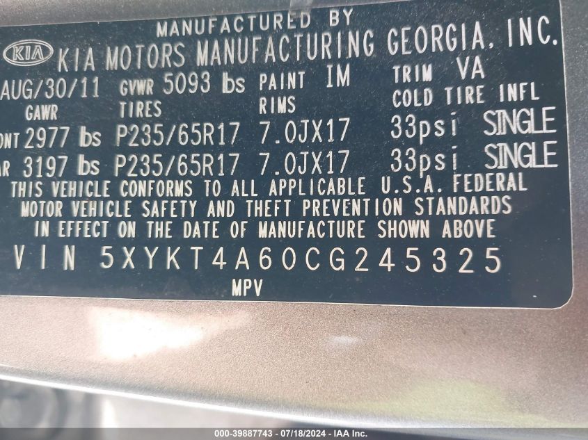 2012 Kia Sorento Lx VIN: 5XYKT4A60CG245325 Lot: 39887743