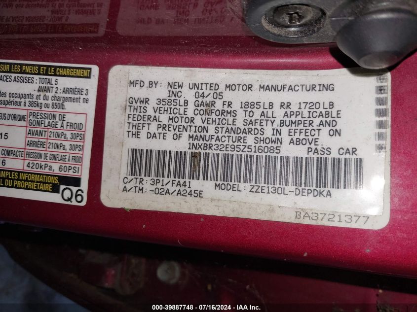 2005 Toyota Corolla Ce VIN: 1NXBR32E95Z516085 Lot: 39887748