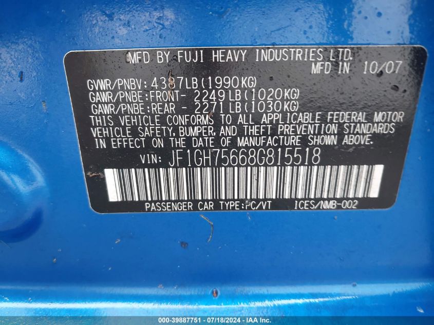 2008 Subaru Impreza Wrx VIN: JF1GH75668G815518 Lot: 39887751