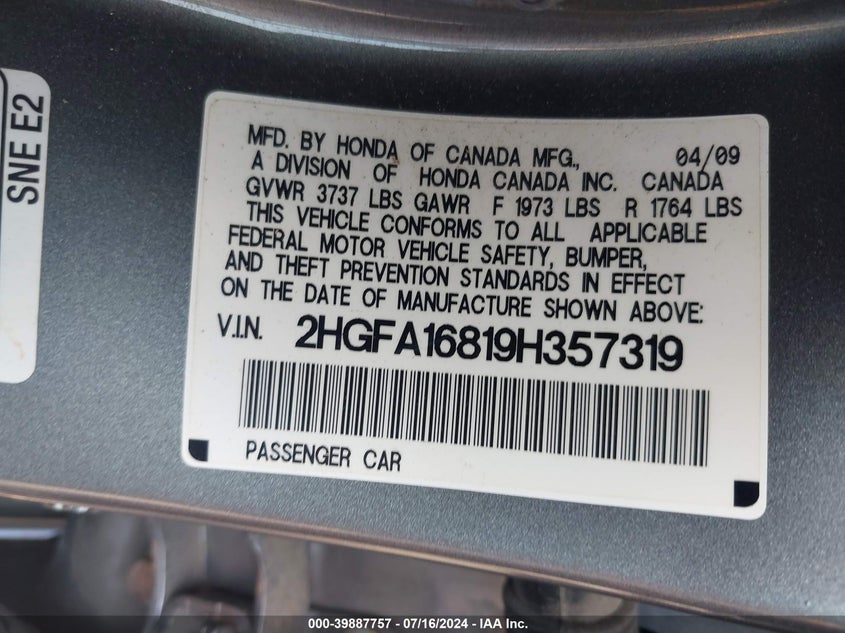 2009 Honda Civic Ex VIN: 2HGFA16819H357319 Lot: 39887757