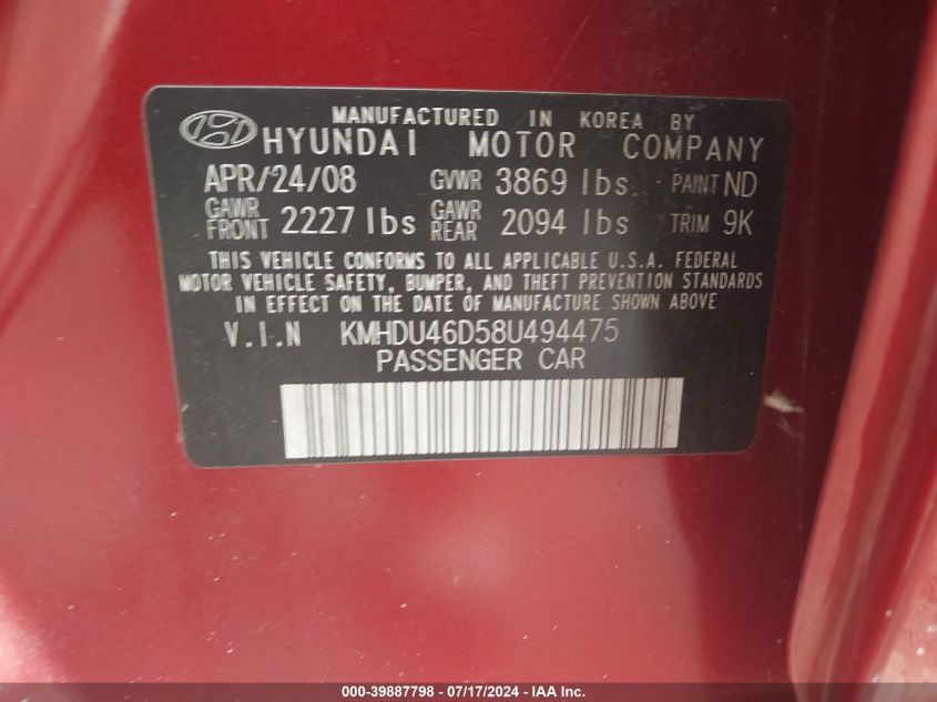 2008 Hyundai Elantra Gls/Se VIN: KMHDU46D58U494475 Lot: 39887798