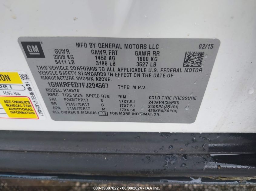 2015 Chevrolet Traverse Ls VIN: 1GNKRFED7FJ294567 Lot: 39887822