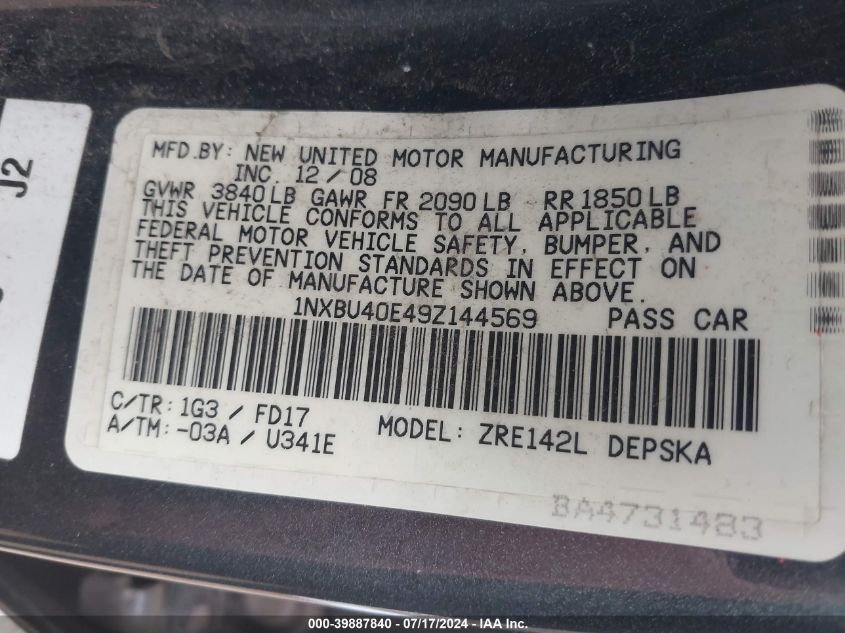 2009 Toyota Corolla S VIN: 1NXBU40E49Z144569 Lot: 39887840