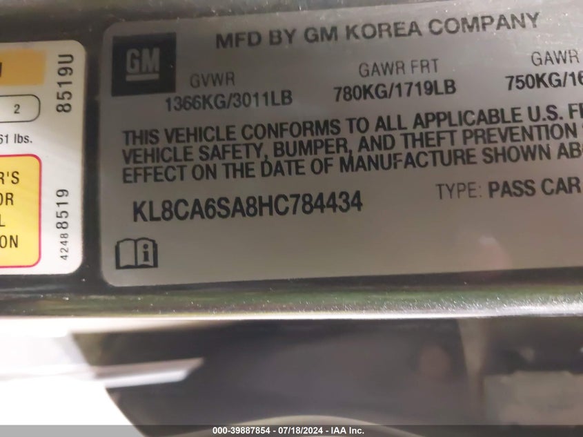 KL8CA6SA8HC784434 2017 Chevrolet Spark Ls Manual