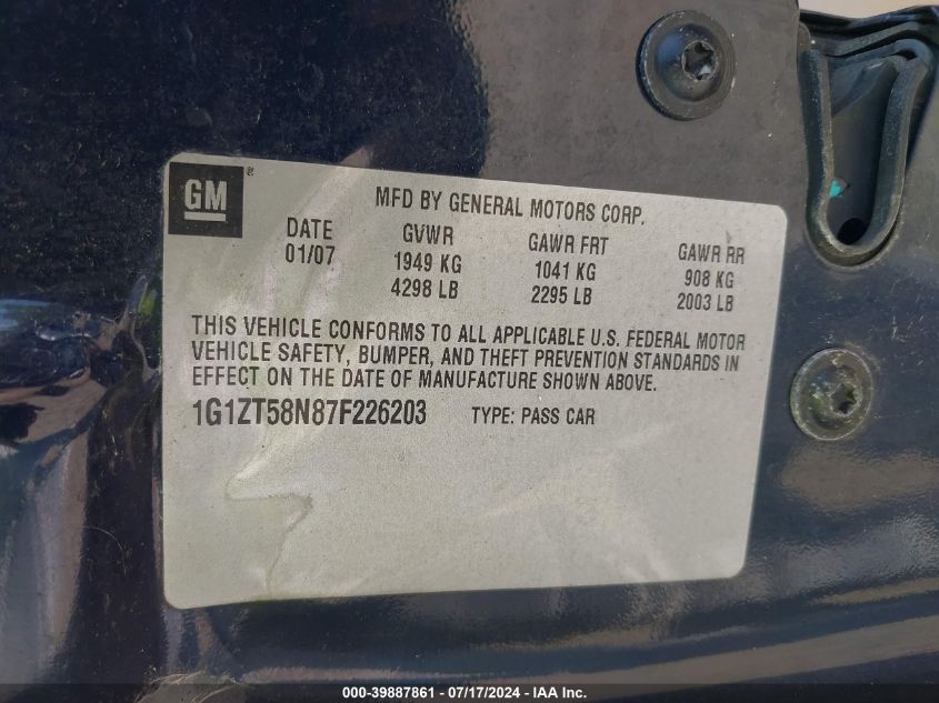 2007 Chevrolet Malibu Lt VIN: 1G1ZT58N87F226203 Lot: 39887861