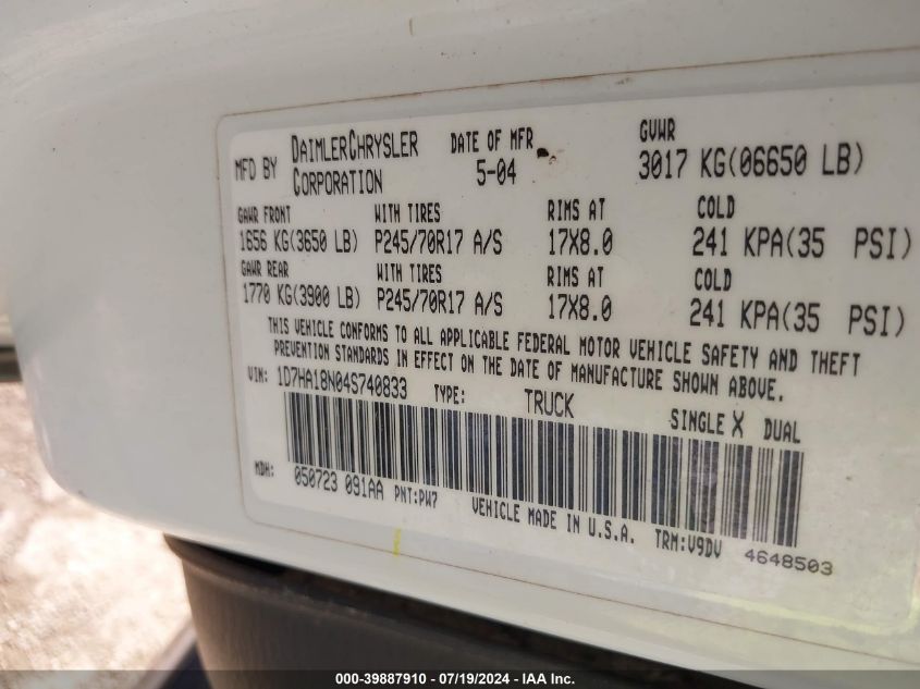 2004 Dodge Ram 1500 Slt VIN: 1D7HA18N04S740833 Lot: 39887910