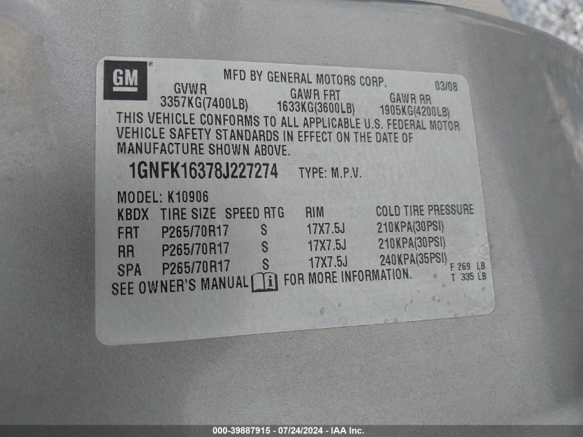 2008 Chevrolet Suburban 1500 Lt VIN: 1GNFK16378J227274 Lot: 39887915