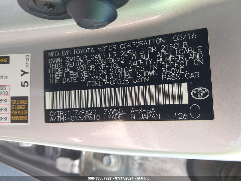 2016 Toyota Prius Two VIN: JTDKBRFU0G3518409 Lot: 39887927