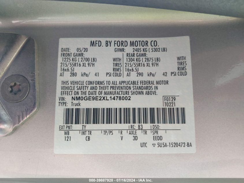 NM0GE9E2XL1478002 2020 Ford Transit Connect Xl Passenger