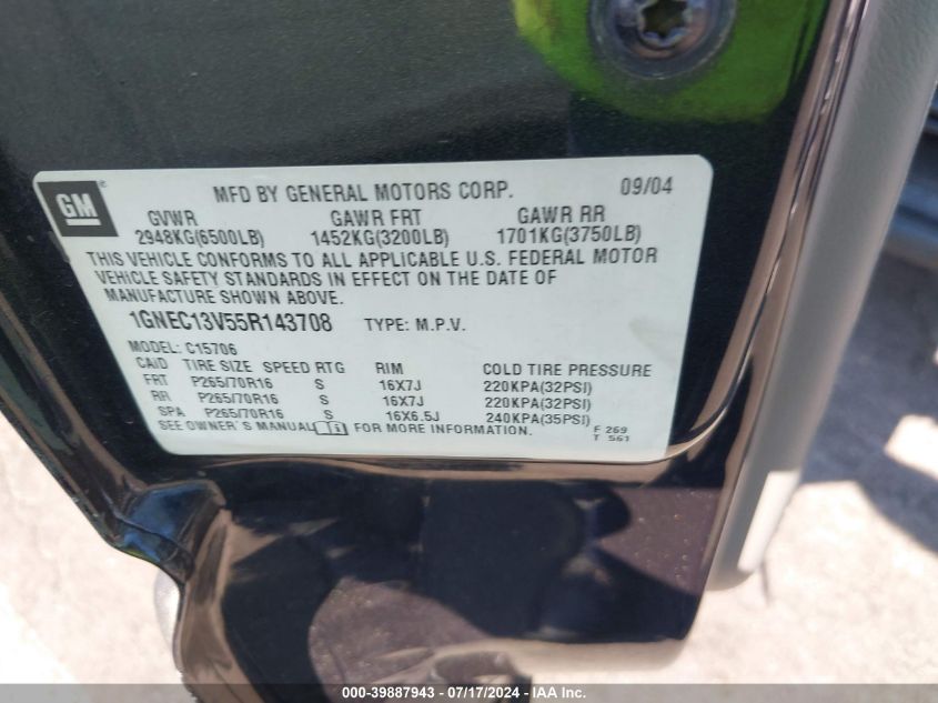 2005 Chevrolet Tahoe C1500 VIN: 1GNEC13V55R143708 Lot: 39887943