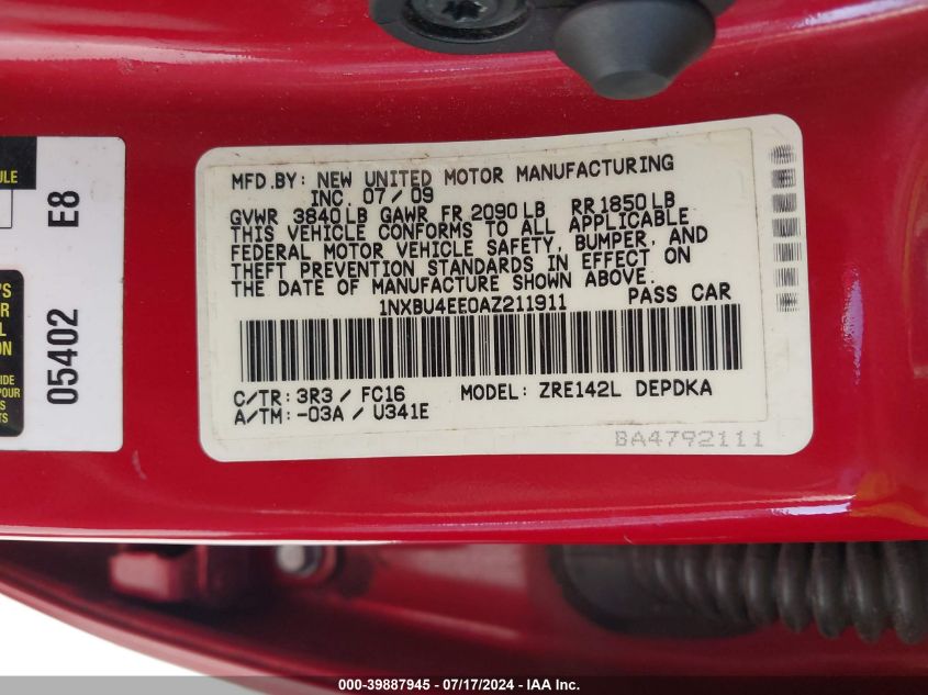 2010 Toyota Corolla S/Le/Xle VIN: 1NXBU4EE0AZ211911 Lot: 39887945