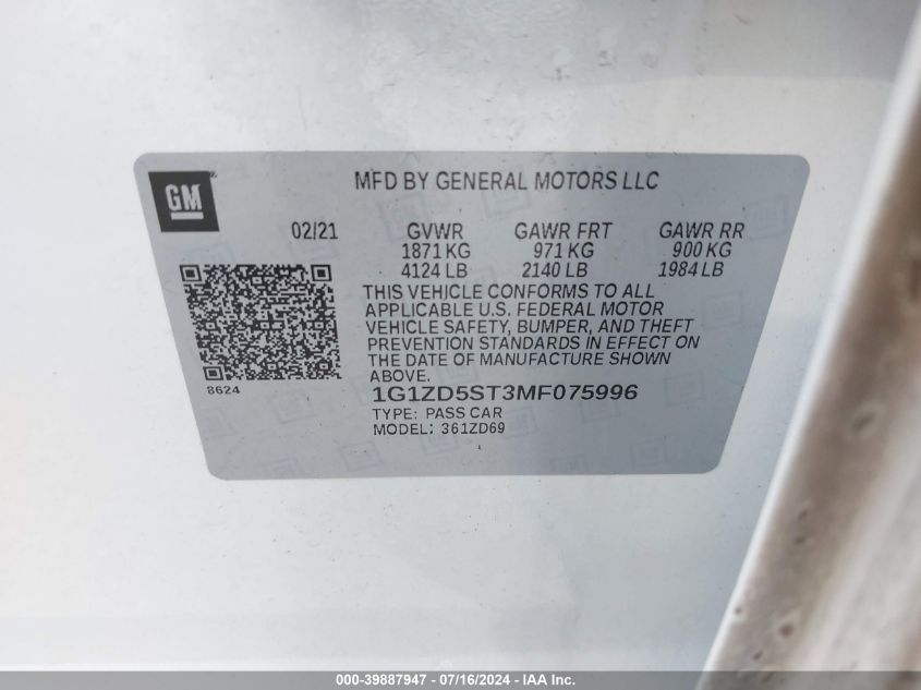 2021 CHEVROLET MALIBU FWD LT - 1G1ZD5ST3MF075996