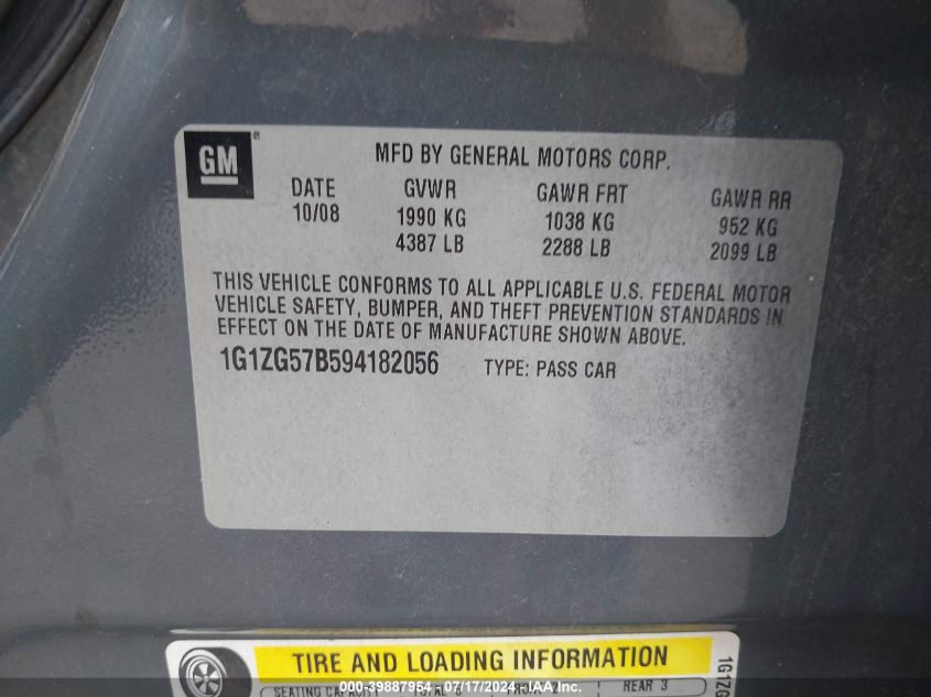 2009 Chevrolet Malibu Ls VIN: 1G1ZG57B594182056 Lot: 39887954