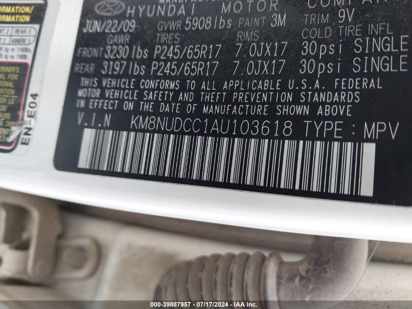 2010 Hyundai Veracruz Gls VIN: KM8NUDCC1AU103618 Lot: 39887957