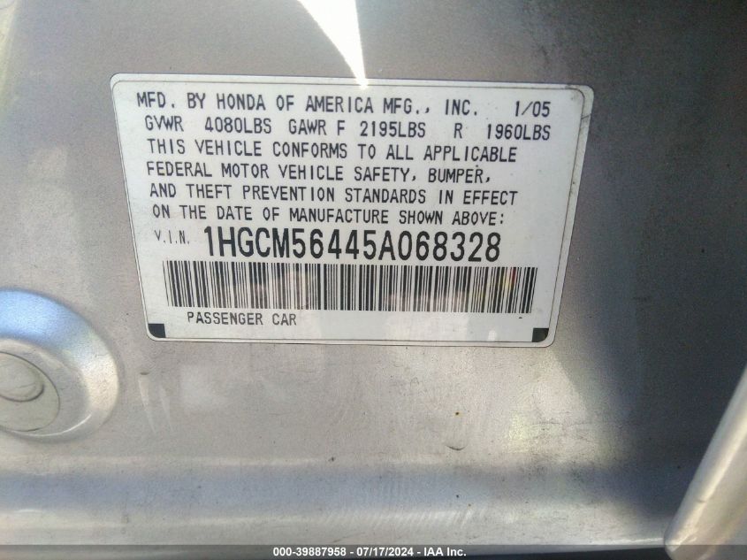 2005 Honda Accord Lx VIN: 1HGCM56445A068328 Lot: 39887958