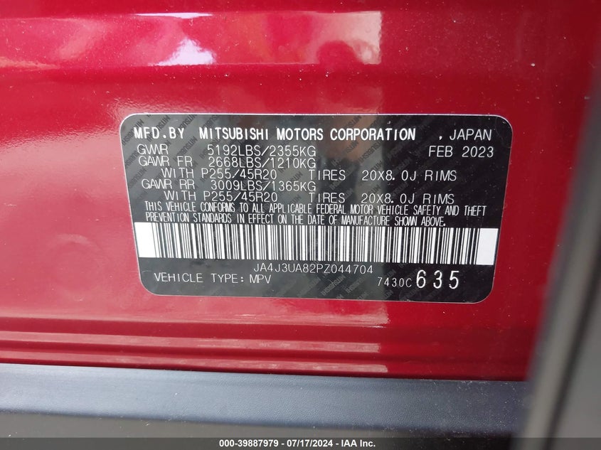 2023 Mitsubishi Outlander Se 2.5 2Wd VIN: JA4J3UA82PZ044704 Lot: 39887979