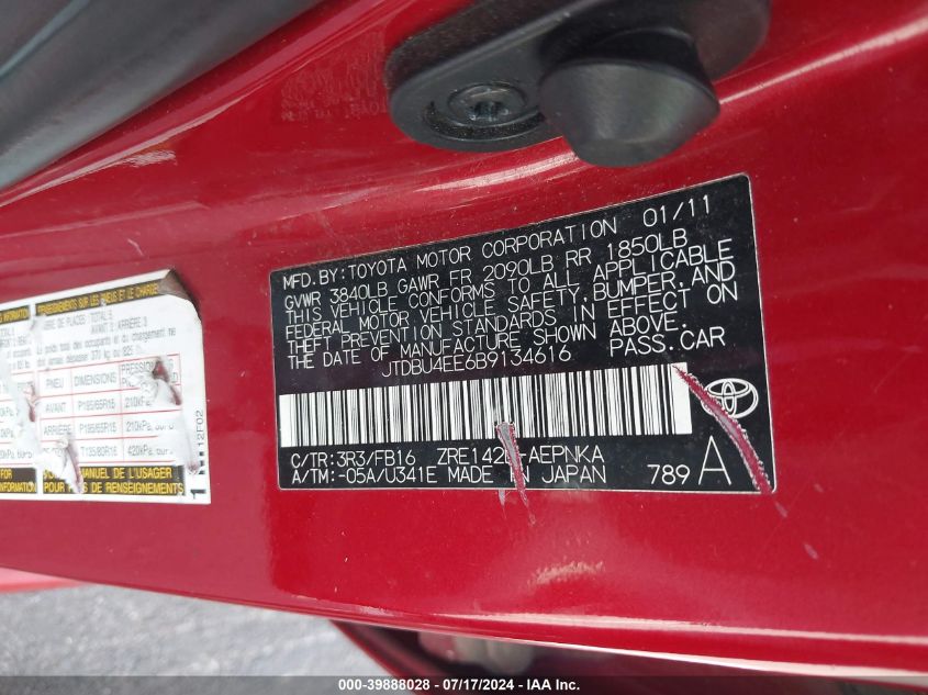 2011 Toyota Corolla Le VIN: JTDBU4EE6B9134616 Lot: 39888028