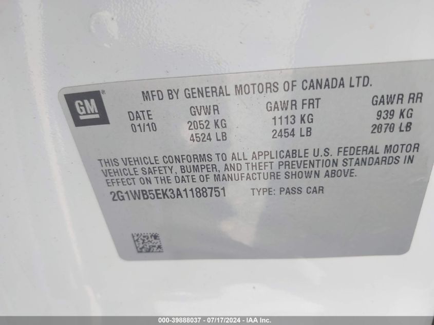 2010 Chevrolet Impala Lt VIN: 2G1WB5EK3A1188751 Lot: 39888037