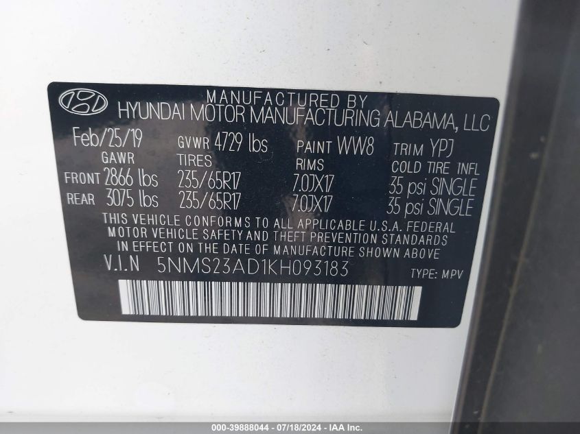 2019 Hyundai Santa Fe Se VIN: 5NMS23AD1KH093183 Lot: 39888044