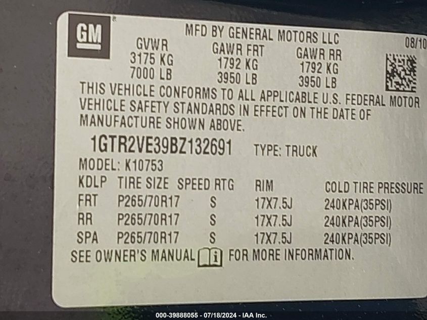 2011 GMC Sierra 1500 Sle VIN: 1GTR2VE39BZ132691 Lot: 39888055