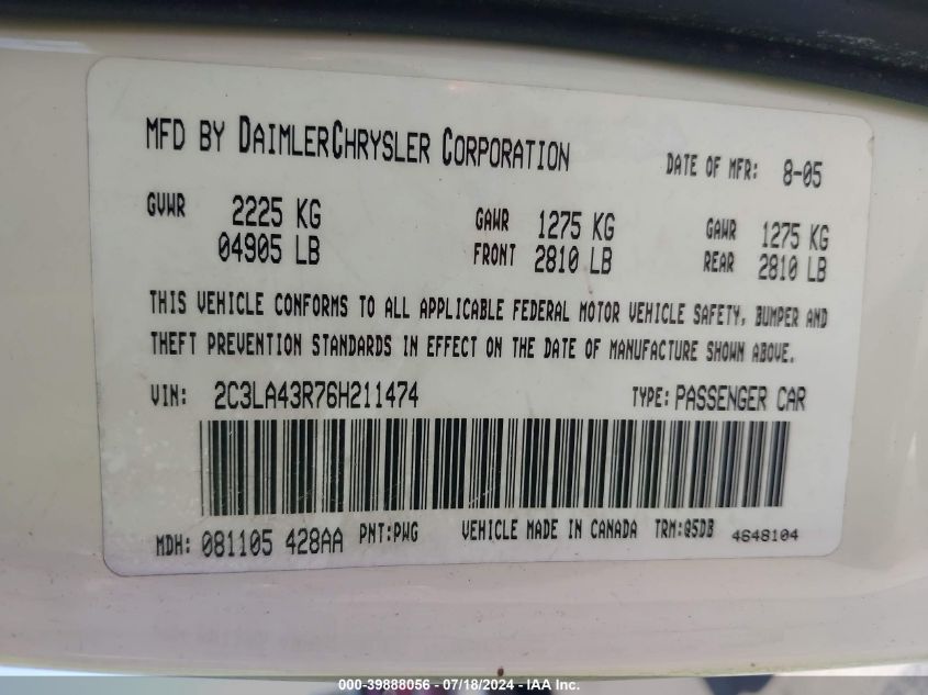 2006 Chrysler 300 VIN: 2C3LA43R76H211474 Lot: 39888056