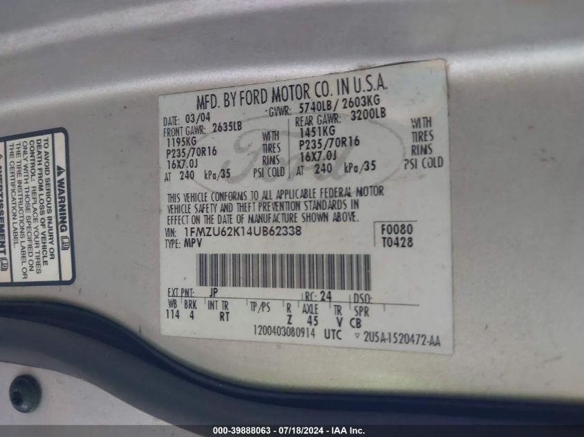 2004 Ford Explorer Xls VIN: 1FMZU62K14UB62338 Lot: 39888063
