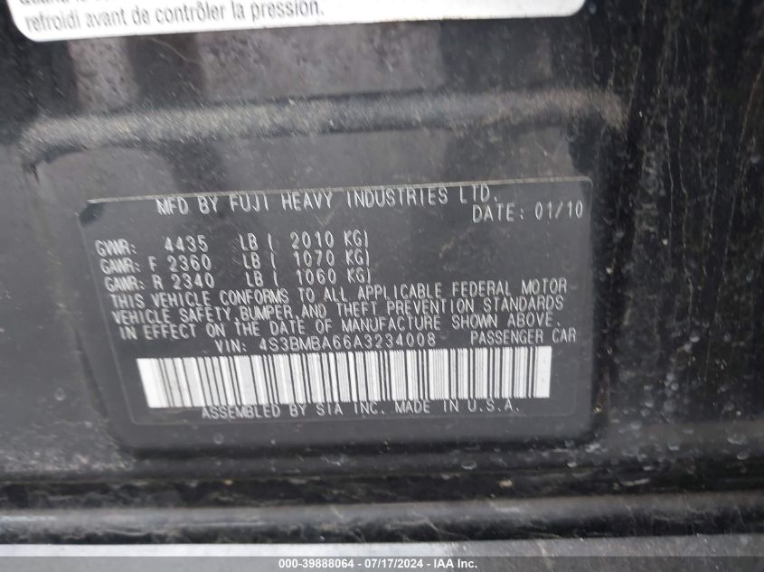 2010 Subaru Legacy 2.5I VIN: 4S3BMBA66A3234008 Lot: 39888064