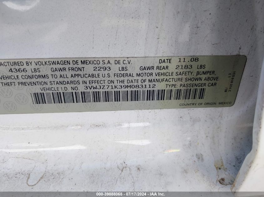 2009 Volkswagen Jetta S VIN: 3VWJZ71K39M083112 Lot: 39888065