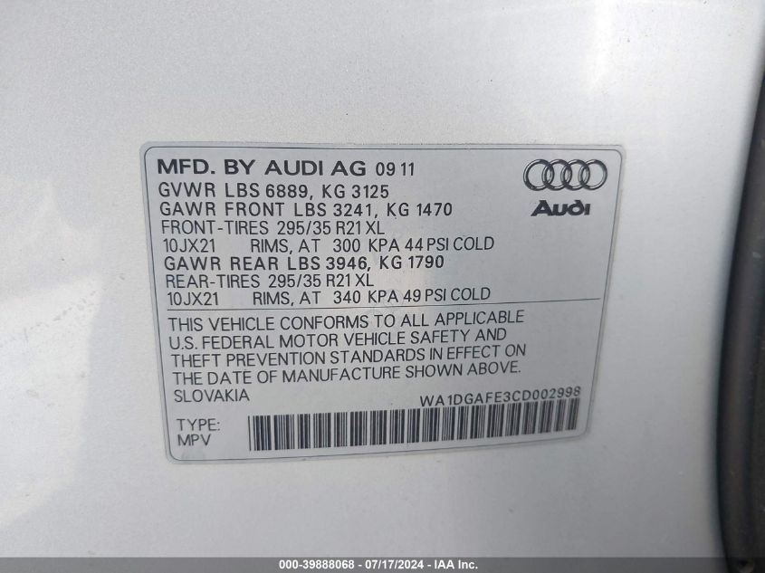 2012 Audi Q7 Prestige VIN: WA1DGAFE3CD002998 Lot: 39888068