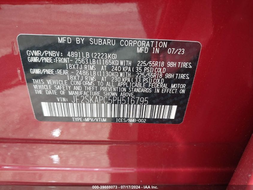 2023 Subaru Forester Limited VIN: JF2SKAPC5PH516795 Lot: 39888073