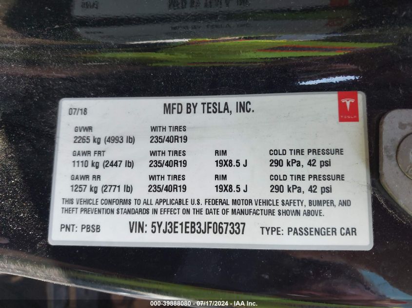 2018 TESLA MODEL 3 - 5YJ3E1EB3JF067337