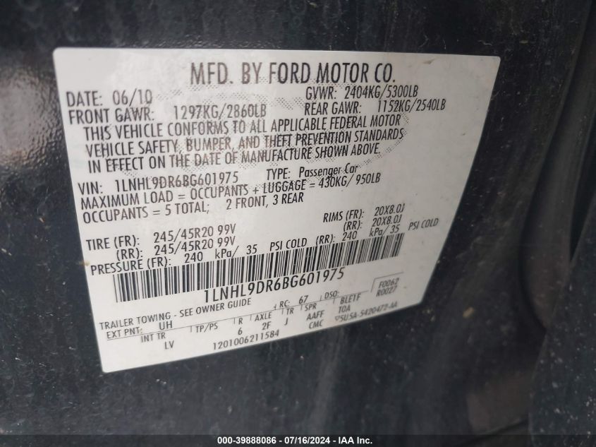 2011 Lincoln Mks VIN: 1LNHL9DR6BG601975 Lot: 39888086