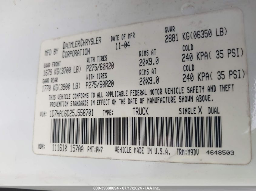 2005 Dodge Ram 1500 Slt/Laramie VIN: 1D7HA16D25J558701 Lot: 39888094