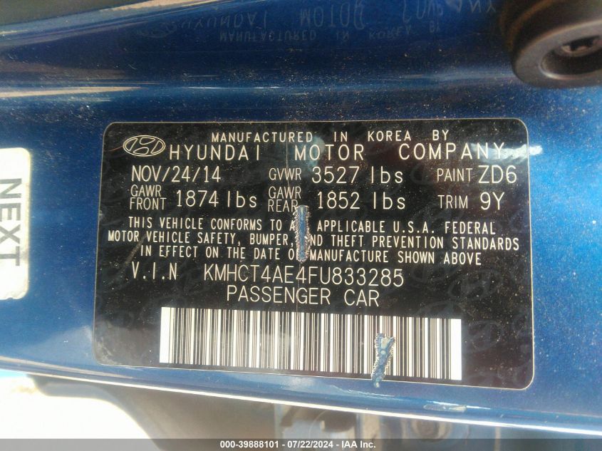 2015 Hyundai Accent Gls VIN: KMHCT4AE4FU833285 Lot: 39888101