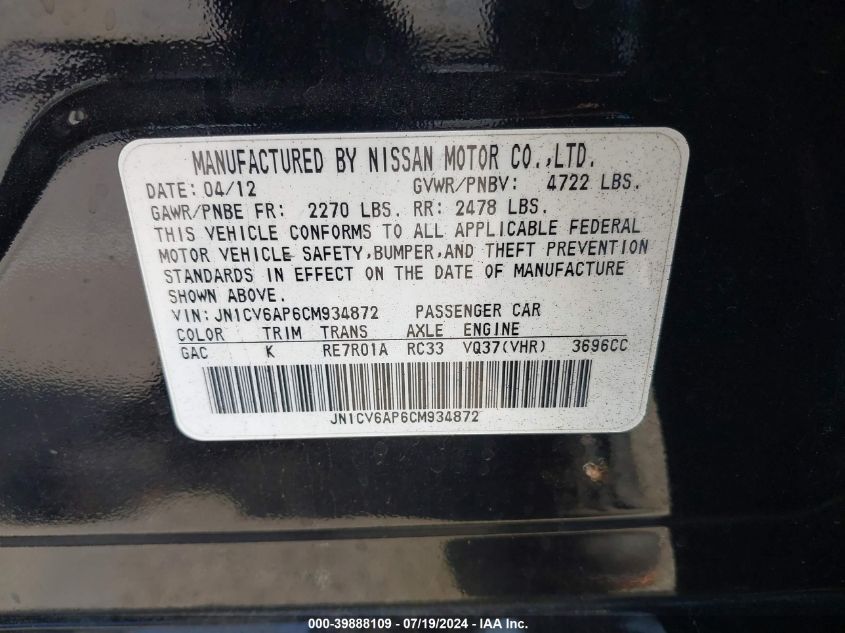 2012 Infiniti G37 Journey VIN: JN1CV6AP6CM934872 Lot: 39888109