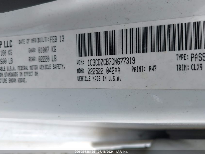 2013 Dodge Avenger Sxt VIN: 1C3CDZCB7DN677319 Lot: 39888125