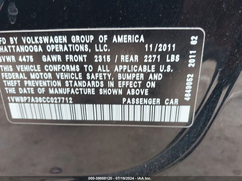 2012 Volkswagen Passat 2.5L Se VIN: 1VWBP7A36CC027712 Lot: 39888120
