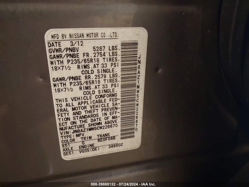 2012 Nissan Murano S/Sl/Le VIN: JN8AZ1MW5CW226670 Lot: 39888132