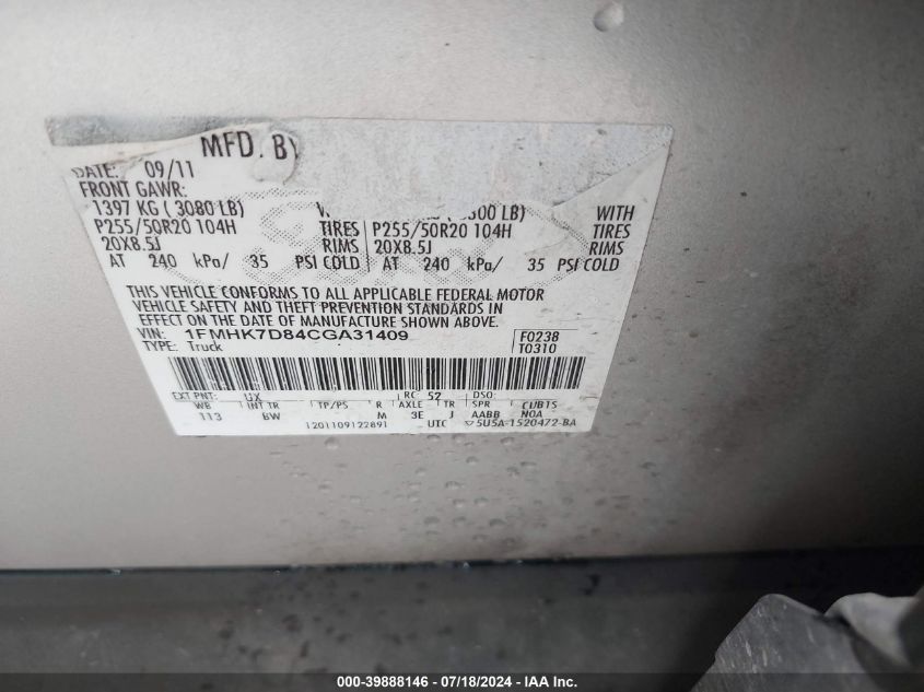 2012 Ford Explorer Xlt VIN: 1FMHK7D84CGA31409 Lot: 39888146